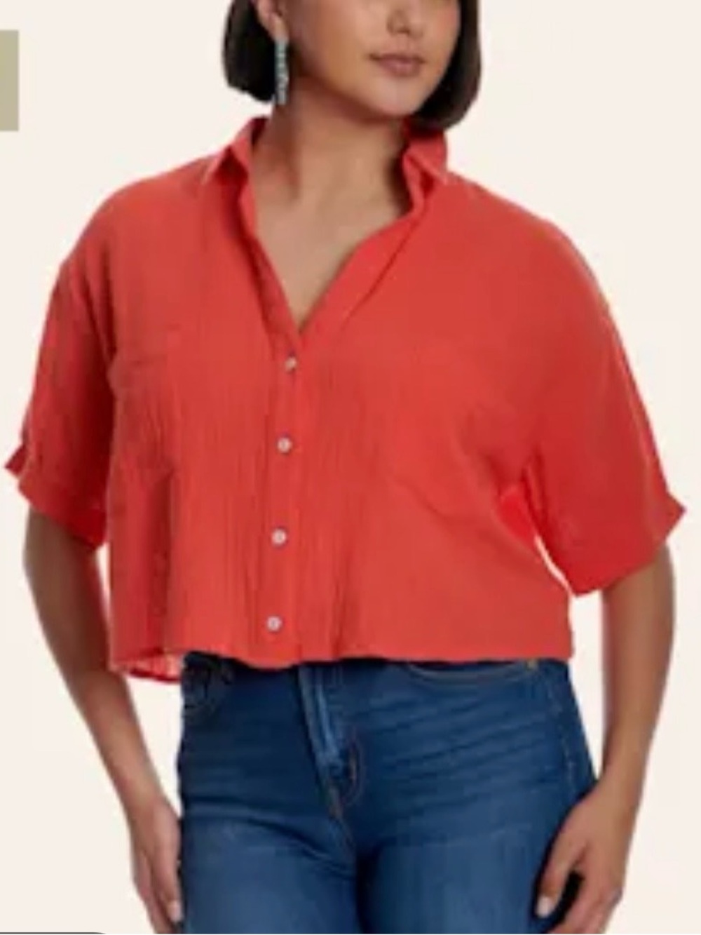 Gauze Textured Button-Front Crop Shirt in Bright Orange